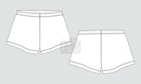 Téléchargez les illustrations : Short pantalon dessin technique mode plat croquis modèle avant et arrière vues. - en licence libre de droit