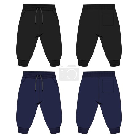 Illustration for Basic Sweat pant technical drawing fashion flat sketch template front and back views. For kids - Royalty Free Image