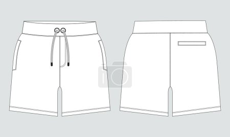 Illustration for Shorts pant technical drawing fashion flat sketch template front and back views - Royalty Free Image