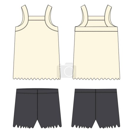 Illustration for Tank tops with shorts pant technical drawing fashion flat sketch template front and back views. Apparel design vector illustration mockup for kids - Royalty Free Image