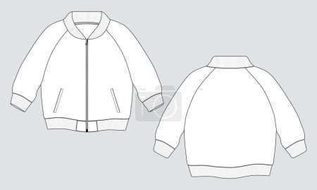 Illustration for Long sleeve jacket with pocket and zipper technical fashion flat sketch vector illustration template front and back views. - Royalty Free Image