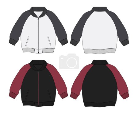 Illustration for Long sleeve jacket with pocket and zipper technical fashion flat sketch vector illustration template front and back views. - Royalty Free Image