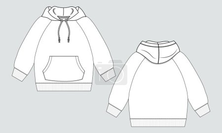 Illustration for Long Sleeve Hoodie technical fashion flat sketch vector illustration template front and back views. Fleece jersey sweatshirt hoodie mock up - Royalty Free Image