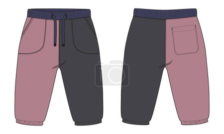 Illustration for Basic Sweat pant technical drawing fashion flat sketch template front and back views. For kids - Royalty Free Image