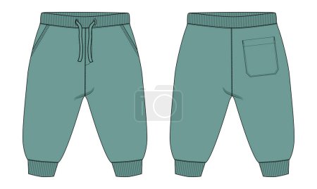 basic Sweat pant technical drawing fashion flat sketch template front and back views. For kids