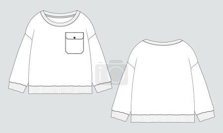 Téléchargez les illustrations : Modèle de vecteur de croquis plat de mode de dessin technique de sweat-shirt à manches longues pour enfants - en licence libre de droit