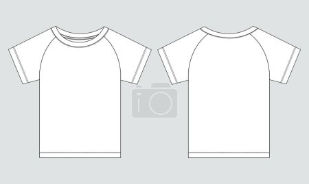 Illustration for Short sleeve Basic T-shirt technical fashion flat sketch vector Illustration template front and back views. Basic apparel Design Mock up for Kids - Royalty Free Image