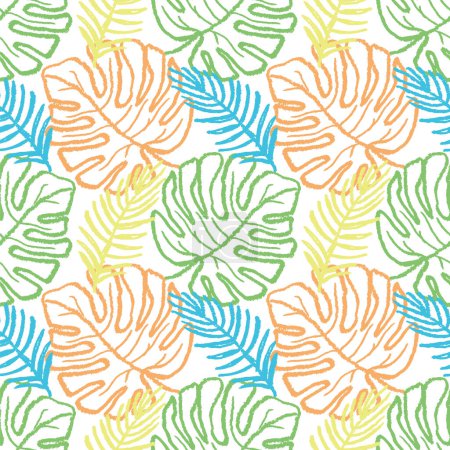 Téléchargez les illustrations : Illustration vectorielle sans couture de feuilles de palmier tropicales colorées isolées sur fond blanc. Conception pour une utilisation textile sur fond de papier d'emballage d'impression de tissu et d'autres - en licence libre de droit