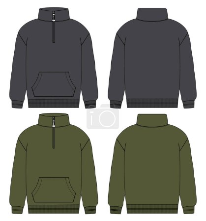 Illustration for Long sleeve with Short zip fleece jacket overall technical fashion Flat sketch Vector illustration template Front, back views - Royalty Free Image