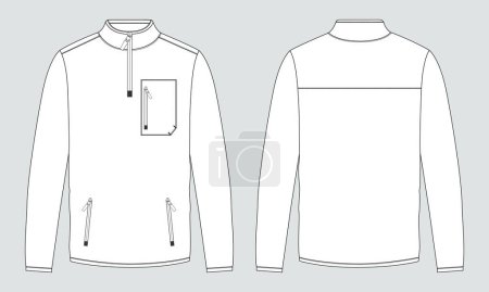 Illustration for Long sleeve with Short zip fleece jacket overall technical fashion Flat sketch Vector illustration template Front, back views - Royalty Free Image