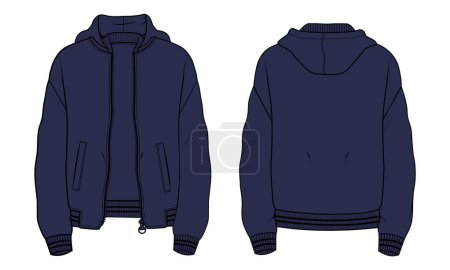 Illustration for Long sleeve hoodie with Zipper technical fashion Drawing sketch template front and back view. apparel dress design vector illustration mockup jacket CAD. - Royalty Free Image