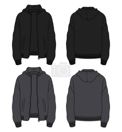 Illustration for Long sleeve hoodie with Zipper technical fashion Drawing sketch template front and back view. apparel dress design vector illustration mockup jacket CAD. - Royalty Free Image