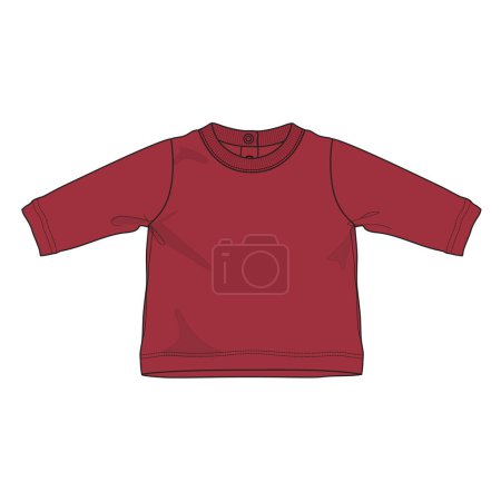 Illustration for Red Long Sleeve top design, technical flat sketch template For Kids - Royalty Free Image