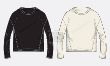 Illustration for Long sleeve tops technical drawing fashion flat sketch illustration black and white color template for ladies. - Royalty Free Image
