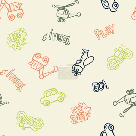 Illustration for Seamless pattern with hand drawing car Cartoon helicopter motorbike and others object. Design for use backdrop, wrapping paper all over fabric print and other - Royalty Free Image