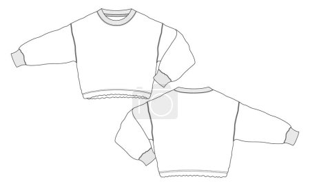 Illustration for Long sleeves Cotton-terry Fleece sweatshirts technical fashion flat illustration With regular fit crew neckline. Flat Sketch jumper apparel vector template front, back view, unisex top - Royalty Free Image
