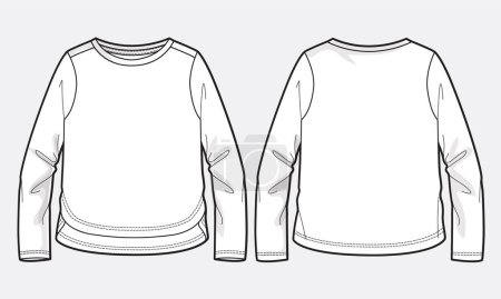 Illustration for Long sleeve T shirt overall technical fashion flat sketch vector Illustration template front and back views isolated on Grey background. Basic apparel Design Mock up for Men's, Kids and boys. - Royalty Free Image