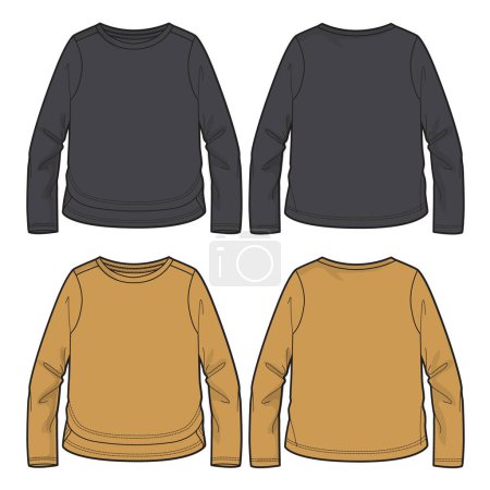 Illustration for Long sleeve tops technical drawing fashion flat sketch vector illustration black and yellow color template front and back views. - Royalty Free Image