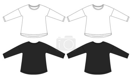 Illustration for Black and white color long sleeve t shirt tops technical Drawing fashion flat sketch vector illustration template for kids - Royalty Free Image