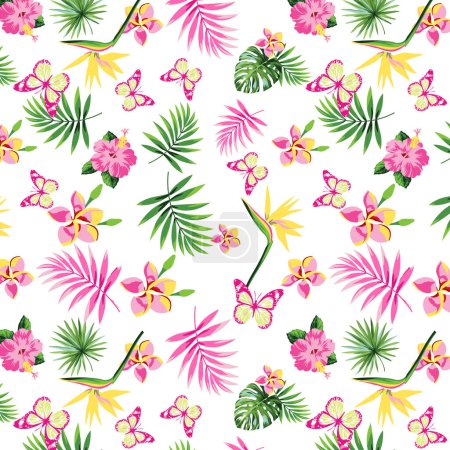 Illustration for Tropical flowers and leaves seamless pattern - Royalty Free Image