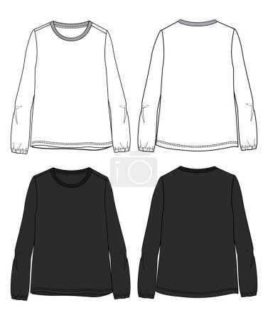 Ilustración de Camiseta de manga larga de color blanco y negro tops dibujo técnico moda dibujo plano vector ilustración para damas. - Imagen libre de derechos