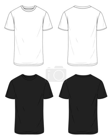 Illustration for Short sleeve shirt technical drawing fashion flat sketch vector illustration black and white color template front and back views - Royalty Free Image