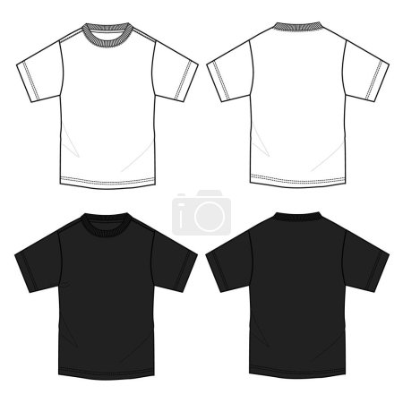 Illustration for Short sleeve shirt technical drawing fashion flat sketch illustration, black and white color template front and back views - Royalty Free Image