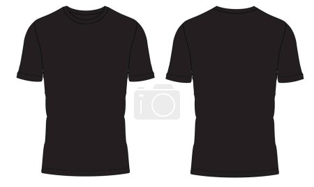 Illustration for Black color Short sleeve Basic T-shirt overall technical fashion flat sketch vector illustration template front and back views. Apparel clothing mockup for men's and boys. - Royalty Free Image