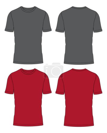 Illustration for Short sleeve t shirt technical drawing fashion flat sketch vector illustration grey and red color template front and back views - Royalty Free Image