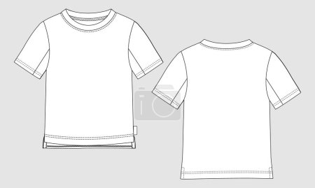 Illustration for Short sleeve Basic T-shirt technical Drawing fashion flat sketch vector Illustration template front and back views. Basic apparel Design Mock up for Kids and boys. - Royalty Free Image
