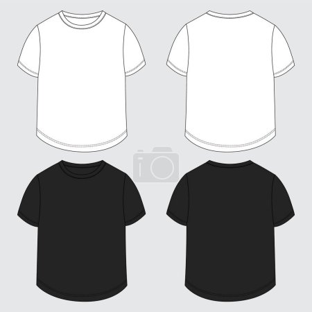 Ilustración de Vector de color blanco y negro manga corta camiseta vector ilustración plantilla frente y atrás vistas. Maqueta de diseño de ropa de vestir para damas - Imagen libre de derechos