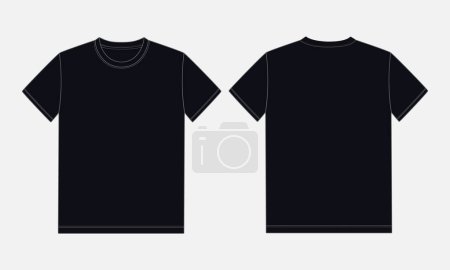 Illustration for Black color Short sleeve Basic T shirt overall technical fashion flat sketch vector illustration template front and back views. Apparel clothing mock up for men's and boys. - Royalty Free Image
