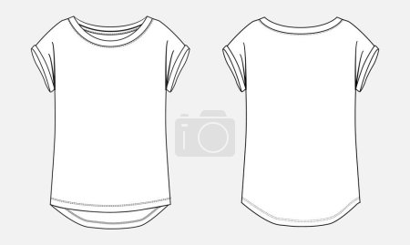 Téléchargez les illustrations : T-shirt manches courtes dessin technique mode plat croquis vectoriel illustration modèle pour dames - en licence libre de droit