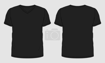 Illustration for V-neck short sleeve t shirt technical drawing fashion flat sketch vector illustration black color template front and back views - Royalty Free Image