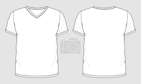 Illustration for V-neck short sleeve t shirt technical drawing fashion flat sketch vector illustration template front and back views - Royalty Free Image