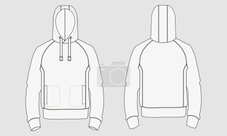 Illustration for Hoodie Technical fashion flat sketch Vector template. Cotton fleece fabric Apparel hooded sweatshirt illustration mockup Front, back views. - Royalty Free Image