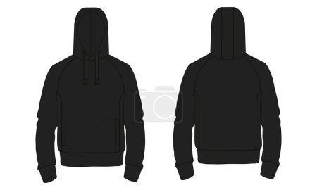 Illustration for Hoodie Technical fashion flat sketch Vector template. Cotton fleece fabric Apparel hooded sweatshirt illustration black color mock up Front, back views. - Royalty Free Image