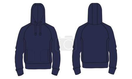 Illustration for Hoodie Technical fashion flat sketch Vector template. Cotton fleece fabric Apparel hooded sweatshirt illustration navy color mock up Front, back views. - Royalty Free Image
