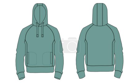 Illustration for Hoodie Technical fashion flat sketch Vector template. Cotton fleece fabric Apparel hooded sweatshirt illustration green color mock up Front, back views. - Royalty Free Image