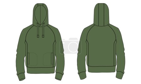 Illustration for Hoodie Technical fashion flat sketch Vector template. Cotton fleece fabric Apparel hooded sweatshirt illustration green color mock up Front, back views. - Royalty Free Image