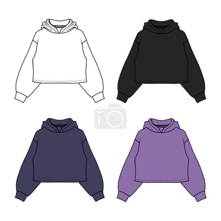 Illustration for Long sleeve sweatshirt illustration black, white, navy blue and purple color template for ladies. Apparel design mockup isolated on white background - Royalty Free Image