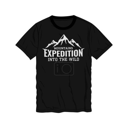Illustration for Mountains expeditor in the wild typography text t shirt chest print design vector illustration ready to print isolate don black template views. - Royalty Free Image