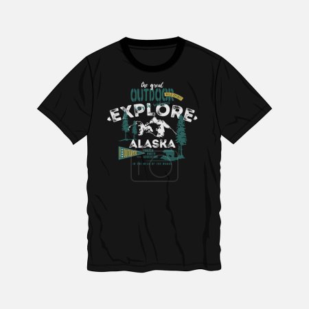 Illustration for Explore Alaska typography text t shirt chest print design vector illustration ready to print isolate don black template views. - Royalty Free Image
