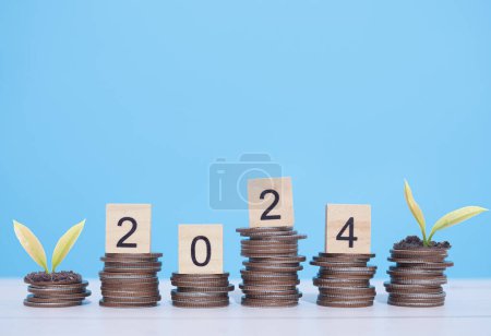 Wooden blocks with the number 2024 and plants growing up on stack of coins. The concept of saving money, Financial, Investment and Business growing in year 2024.