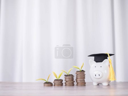 Piggy bank with graduation hat and plants growing up on stack of coins. The concept of saving money for education, student loan, scholarship, tuition fees in the future