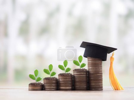 Sombrero de graduación y plantas que crecen en la pila de monedas. El concepto de ahorrar dinero para la educación, préstamo estudiantil, becas, tasas de matrícula en el futuro