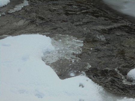 Close view on wild cold water of Ostravice river flowing through snowy terrain during freezing winter