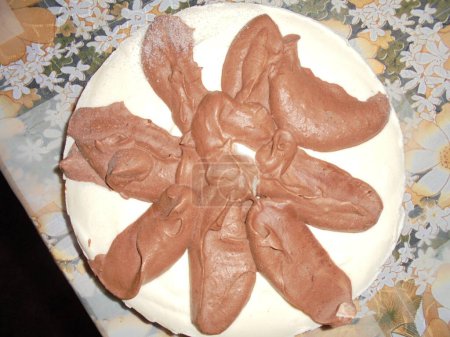 Téléchargez les photos : Une étrange nourriture vue du haut : un gâteau blanc avec une décoration de pâte brune ressemblant à un tas d'excréments - en image libre de droit