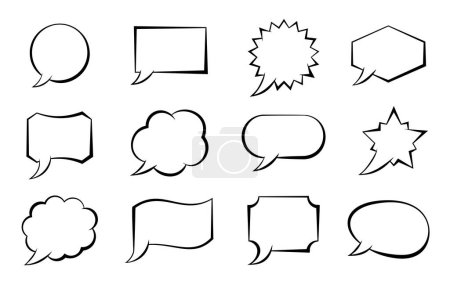 Illustration for Pop art speech bubble set. Cartoon boom burst wow effect empty frame. Comic text message balloon. Fun sketch shapes speak cloud banner. Web chat comment icon sign. Blank social media dialog template - Royalty Free Image