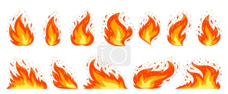 Feuer flach gesetzt. Flammendes Warnsymbol. Verschiedene Formen von abstrakten orangefarbenen Lagerfeuer feurige Flamme mit Funken isoliert auf weißem Hintergrund. Heißes Lagerfeuer flammt Brennstoff Energie Clipart